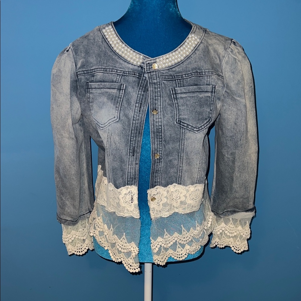 Denim Jacket with Lace Trim